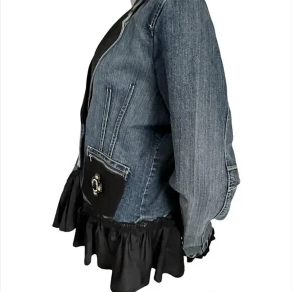 ☆ OOAK Refashioned Reworked Black Denim Steampunk Renaissance Jean Jacket Coat - Picture 6 of 11